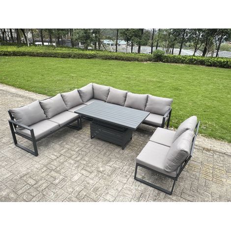Fimous 8 Pieces Aluminium Garden Furniture Set with Cushions, Patio Furniture Set with Adjustable Rising Lifting Dining Table Dark Grey (1/5)