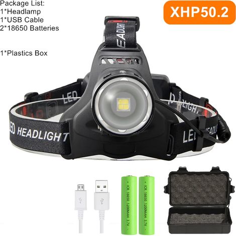 (Pack C) Lampe frontale LED puissante XHP70.2 XHP50.2 avec zoom, lampe torche, batterie 18650 rechargeable par USB, lanterne de pêche (1/5)
