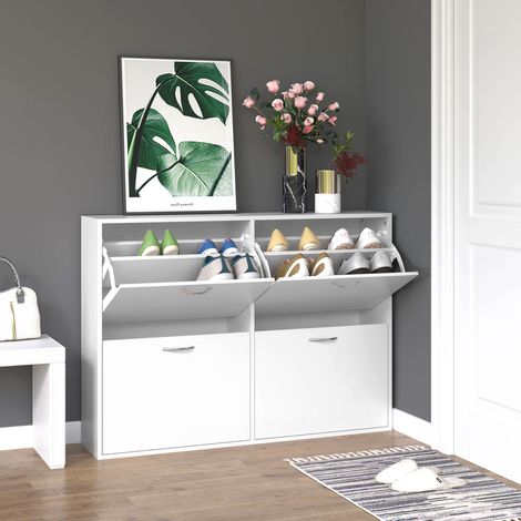 Armoire à Chaussures Meuble à Chaussures Grande Taille dim. 120L x 24l x 81H cm 4 Portes abattantes Double Niveau en Bois Blanc