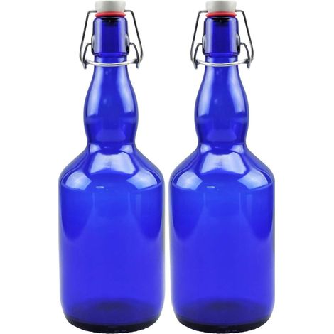 Lot de 2 bouteilles en verre bleu de 0,75 l avec bouchon à étrier en porcelaine, avec étiquettes (1/5)