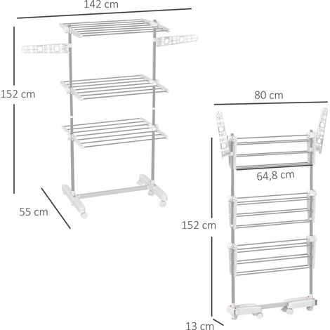 Étendoir à linge mobile, 3 niveaux, pliable, argent et blanc (1/5)