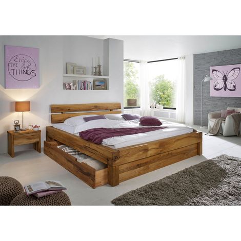Lit double avec tiroirs 180x200 Chêne sauvage huilé Bois naturel JANGALI #616 (1/2)