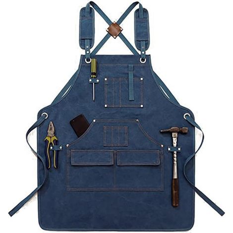 Tablier de travail Ortviai en toile épaisse bleue, réglable avec grandes poches pour jardinage et cuisine professionnelle robuste (1/4)