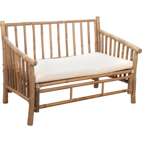 Divano due posti in bambù naturale con cuscino beige 115 cm (1/5)