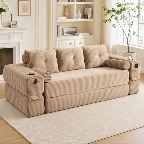 Sofá cama de 3 plazas en terciopelo acanalado, 232 x 98 x 80 cm, caqui (1/5)