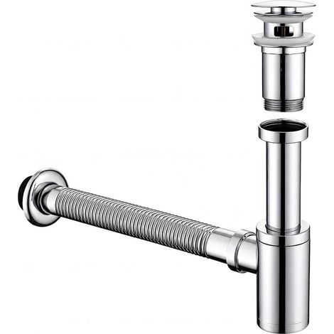 Siphon de lavabo avec bonde pop-up, siphon universel en laiton avec ouverture de nettoyage, finition chromée, kit complet (1/5)