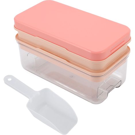 Bac à glaçons silicone 2 étages 64 cubes avec couvercle et pelle, facile démoulage rose
