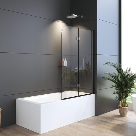 Schwarz Duschwand für Badewanne 100x140cm Badewannenaufsatz 2-teilig Duschtrennwand für Badewanne Duschwand Badewanne Duschabtrennung Badewanne, 6mm NANO ESG Glas