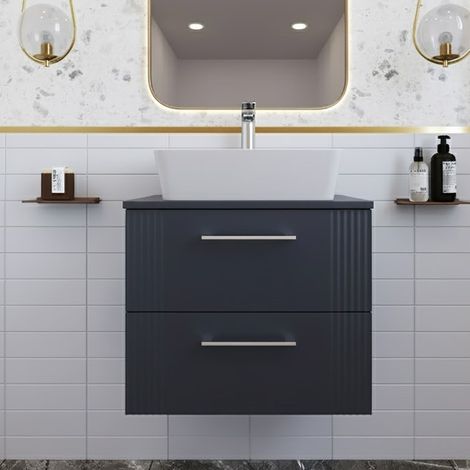 Nuie Deco Satin Soft Black 600mm Wall Hung 2 Drawer Vanity Unit with Worktop - DPF1493W (1/5)