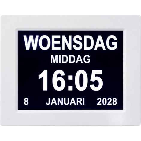 Horloge numérique pour seniors blanche, affichage date et heure, télécommande incluse, mécanisme silencieux (1/2)
