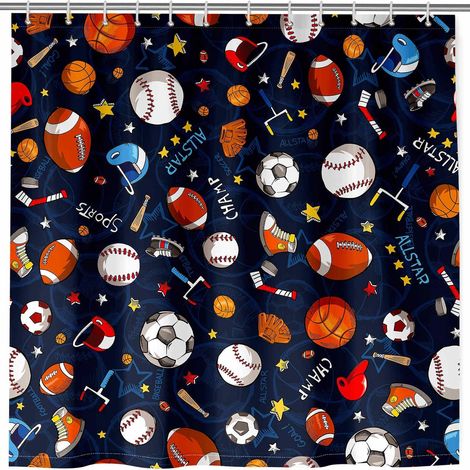 Rideau de Douche Football Basketball Baseball Anti Moisissure Lavable Imperméable Tissu Polyester Rideaux de Douche avec 12 Crochets pour Salle de Bain Baignoire Famille Hôtel 180 x 200 cm (1/5)