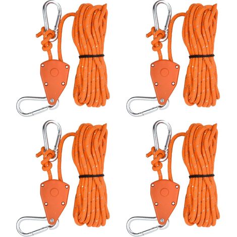 4 Cordes Tente Réfléchissantes, Nylon 6mm x 5m, Tendeurs à Cliquet, Crochets Métal, Camping Randonnée (1/5)