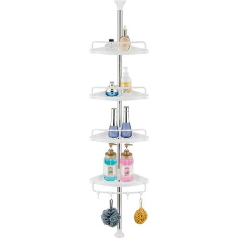 Étagère D’angle De Douche Téléscopique Sans Percage Avec 4 Paniers Et 2 Porte-Serviettes Pour Baignoire Et Salle De Bain Blanc 100-320cm (1/4)