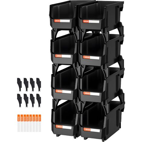 VEVOR Contenitori Impilabili in Plastica, 276 x 140 x 130 mm, 8 Pezzi, Contenitori in Plastica per Organizzare Oggetti in Armadio, Garage, Piccole Parti, Forniture per Ufficio, Altri Accessori, Nero