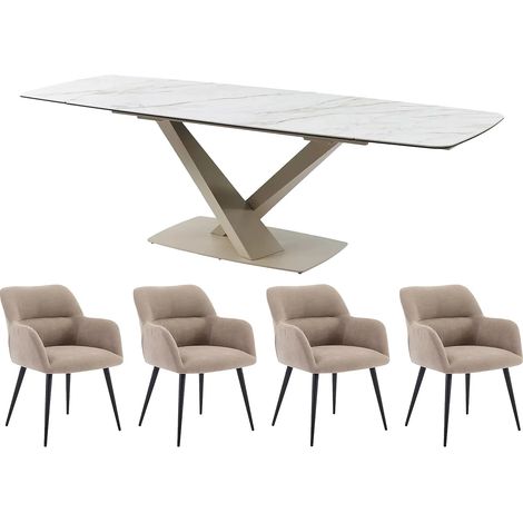 Set tavolo MALENA + 4 sedie HEKA Effetto marmo Bianco e Beige (1/5)
