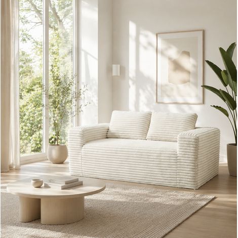 Canapé 2 places en velours côtelé , mousse haute densité, sans montage, pour salon ou petit espace, 160×88×58 cm, beige