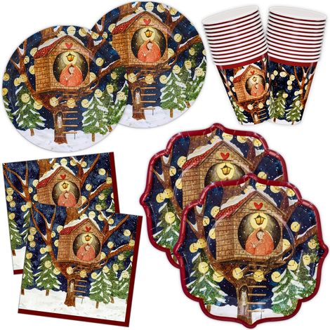 Assiettes de Noël, Maison de l'arbre Lot de 96 Serviettes de table Assiettes à dessert et Gobelets en papier Vaisselle de fête jetables pour Noël (1/5)