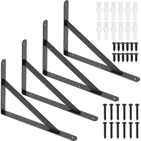 Équerre Étagère Murale - Lot de 4 - Métal Noir Robuste - Support Triangulaire Fixation Solide - Maison Garage Atelier - 280x200x25 mm (1/5)