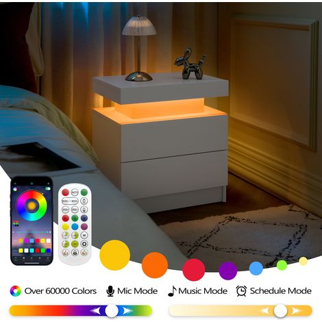 Ensemble de 2 tables de chevet blanches avec éclairage LED réglable et 2 tiroirs (1/5)