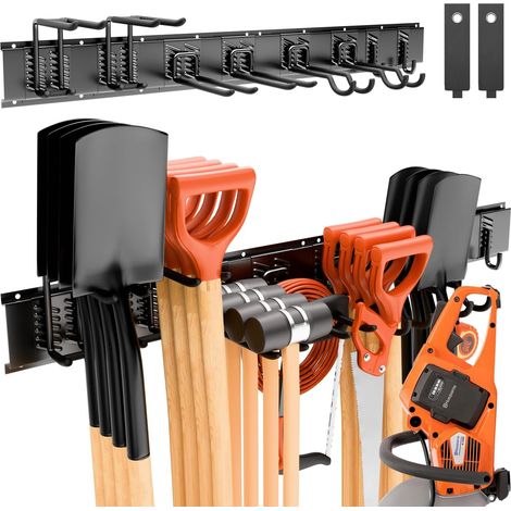 Adjustable 120 cm Garden Tool Holder, Wall Mount with 3 Rails and 8 Hooks, Tool Holder Wall Mounted Organizer for Skiing, Suitable for Garage, Basement, Terrace (Black) (1/5)