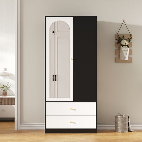 Armario 1 puerta, 80x40x180 cm, con colgador, estantes, 2 cajones y espejo, en tableros de partículas, blanco y negro (1/5)