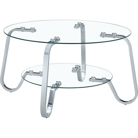 Mesa de centro redonda de vidrio templado y metal plateado de dos niveles, 80 x 80 x 45 cm (1/5)
