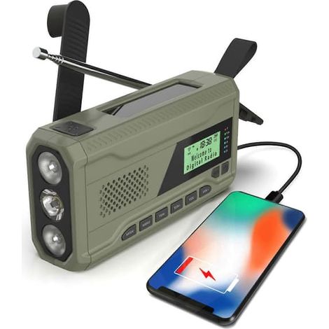 Radio DAB/FM portable avec dynamo de 4000 mAh, alimentée à l'énergie solaire, idéale pour la survie, chargeur USB avec alarme d'urgence et horloge. (1/5)