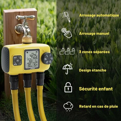 Programmateur Arrosage 3 Voies avec Entrée en Laiton, Minuteur Arrosage Automatique avec Retard de Pluie/Irrigation Manuelle, pour Serre, Pelouse et Jardin (1/4)