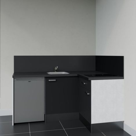 Kitchenette KA01 Noir - Plan de travail Noir texturé - Crédence : Oui - Electroménager : Inox (1/4)