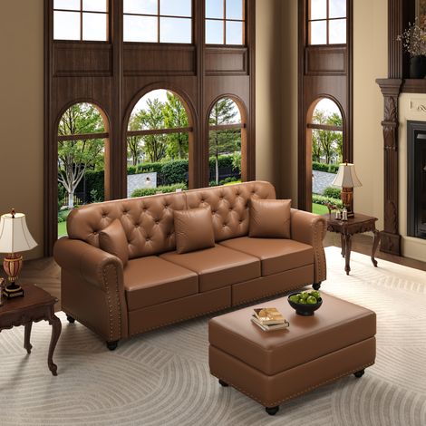 Canapé Chesterfield 3 places avec pouf, assise ressorts confortable, similicuir capitonné marron, pour salon (1/5)
