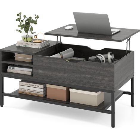 Table Basse à Plateau Relevable avec Compartiment Caché, avec Étagère de Rangement, Table de Centre pour Salon, Bureau, 99,5 x 49,5 x 47,5 cm, Gris (1/5)