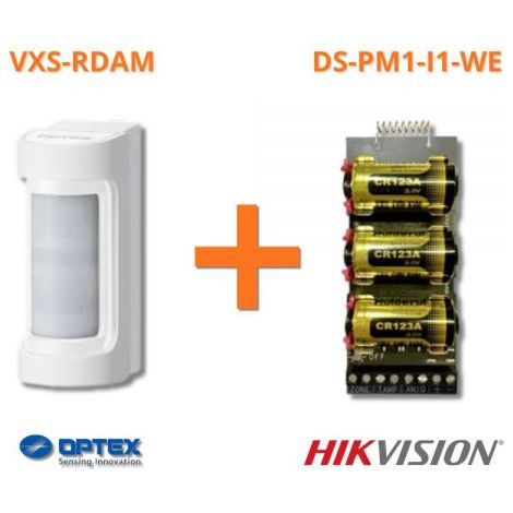 Optex sensore esterno doppia tecnologia wireless PIR+MW 12m 90° + Modulo Hikvision DS-PM1-I1-WE - VXS-RDAM
