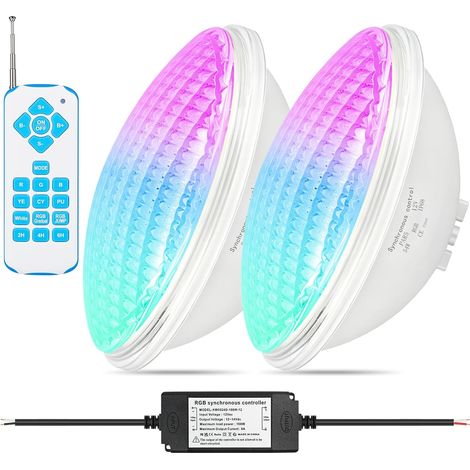 Lot de 2 éclairages LED RVB pour piscine - 54 W PAR56 - Éclairage sous-marin - Synchronisation externe avec télécommande - 12 V CA/CC - Étanche IP68