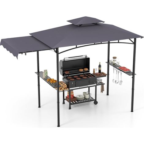 GOPLUS Tonnelle pour Barbecue avec Auvent Latéral, Abri Barbecue Extérieur avec Dessus à 2 Niveaux, Crochets, Décapsuleur, Dessus Souple, pour Jardin, Cour (242+84x126x250CMGris Foncé) (1/5)