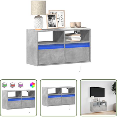 Armoire TV murale -  Meuble TV mural avec lumières LED gris béton 80x31x45 cm (1/5)