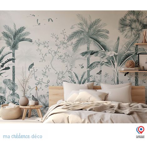 Papier peint : Jungle tropicale et oiseaux - Intissé - L.200 x H.280 cm - Vert blanc (1/3)