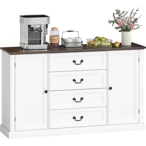 Credenza da cucina, mobile da cucina con 4 cassetti a chiusura ammortizzata, piano di lavoro frequente, credenza con ripiani regolabili, stile rustico, per soggiorno, sala da pranzo, 147x40x87 cm, bia