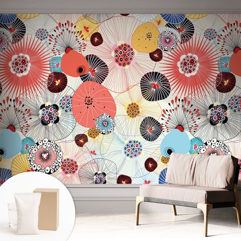 Papier peint intissé avec imprimé pour décoration intérieure pour rénovation a motif - Colle incluse gratuite Fleurs colorées 312x219 cm (1/5)