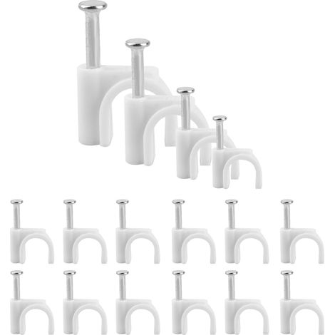 Lot de 400 clips de câble ronds blancs - Clips de rangement de câbles - Clips muraux pour câbles - 4 mm, 6 mm, 8 mm, 10 mm - Avec clous en acier - Pour la gestion des câbles TV Ethernet (1/5)