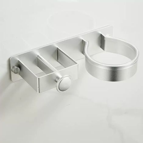 Soporte de pared 3 en 1 para secadores de pelo: compatible con secadores, planchas y accesorios, dos opciones de montaje. Color: plateado. (1/5)