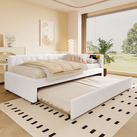 Lit banquette en tissu bouclette blanc 90x200 cm avec sommier, lit gigogne, lampe de chevet, USB et port Type-C