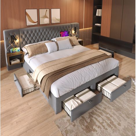 Lit double 180x200 cm avec 2 chevets, 4 tiroirs, lampes de lecture USB-C, velours gris REDOM (1/5)
