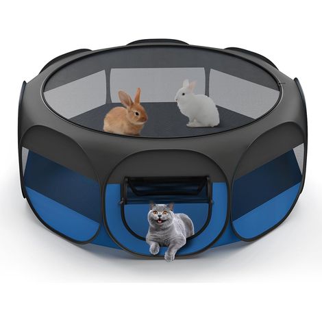 Parc pour Petits Animaux, Tente Respirante pour Chat avec Couverture Amovible à Fermeture Éclair et Base Imperméable, Parc Portable pour Chiots Chaton Lapins, Intérieur/Extérieur, Noir + Bleu (1/5)