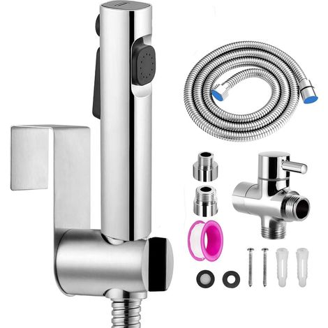 ABS Toilet Sprayer Kit for Bidet, Two-Function Jet, Easy to Install with 3-Way Valve (1/2"-3/8"), 150 cm Shower Hose and Shower Holder (Silver) (1/5)