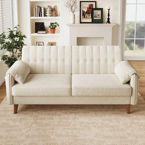 Canapé 2 places en chenille beige, dossier capitonné, coussins d’accoudoir et poches latérales (1/5)