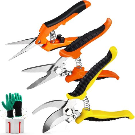 Secateurs De Jardin - Lames En Acier Inoxydable - Poignées Antidérapantes Ergonomiques - Pour Taille De Plantes Et Arbustes - Lot De 3 Avec Gants De Jardinage (1/5)