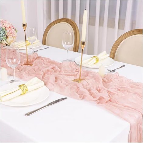 Chemin de Table Rose 90 x 300 cm Boho en Tissu Froissé Mousseline Gaze de Coton Rustique pour Cuisine (1/5)