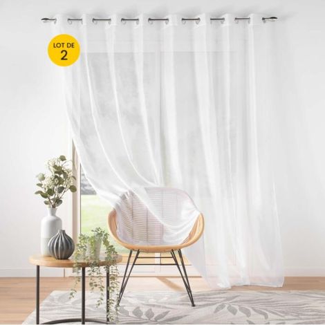 Lot de 2 voilages grande largeur 300 x 240 cm voile sablé Lissea Blanc