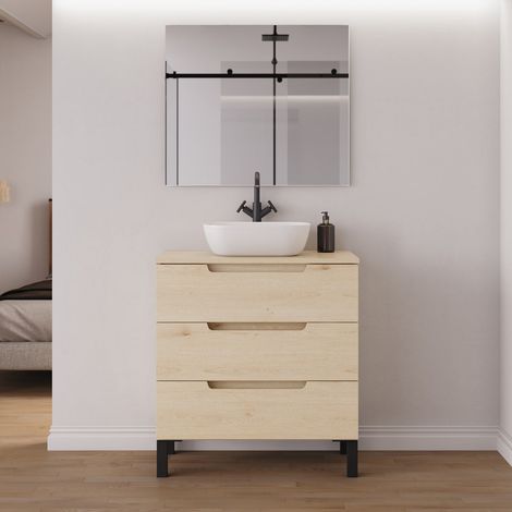 Meuble de salle de bain 70cm avec plateau et vasque à poser arrondie - 3 tiroirs - roble calima (bois clair) - RIZA (1/5)
