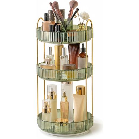 Cosmetic Organizer: 3 Adjustable Tier Storage, Multifunctional Rotating Desktop Stationary Holder for Perfume, Jewelry, Lipstick (Green-A) (1/5)